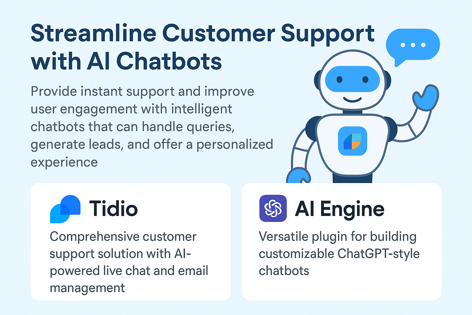 Illustration of AI-powered WordPress chatbots like Tidio and AI Engine enhancing customer support through real-time chat and automated responses