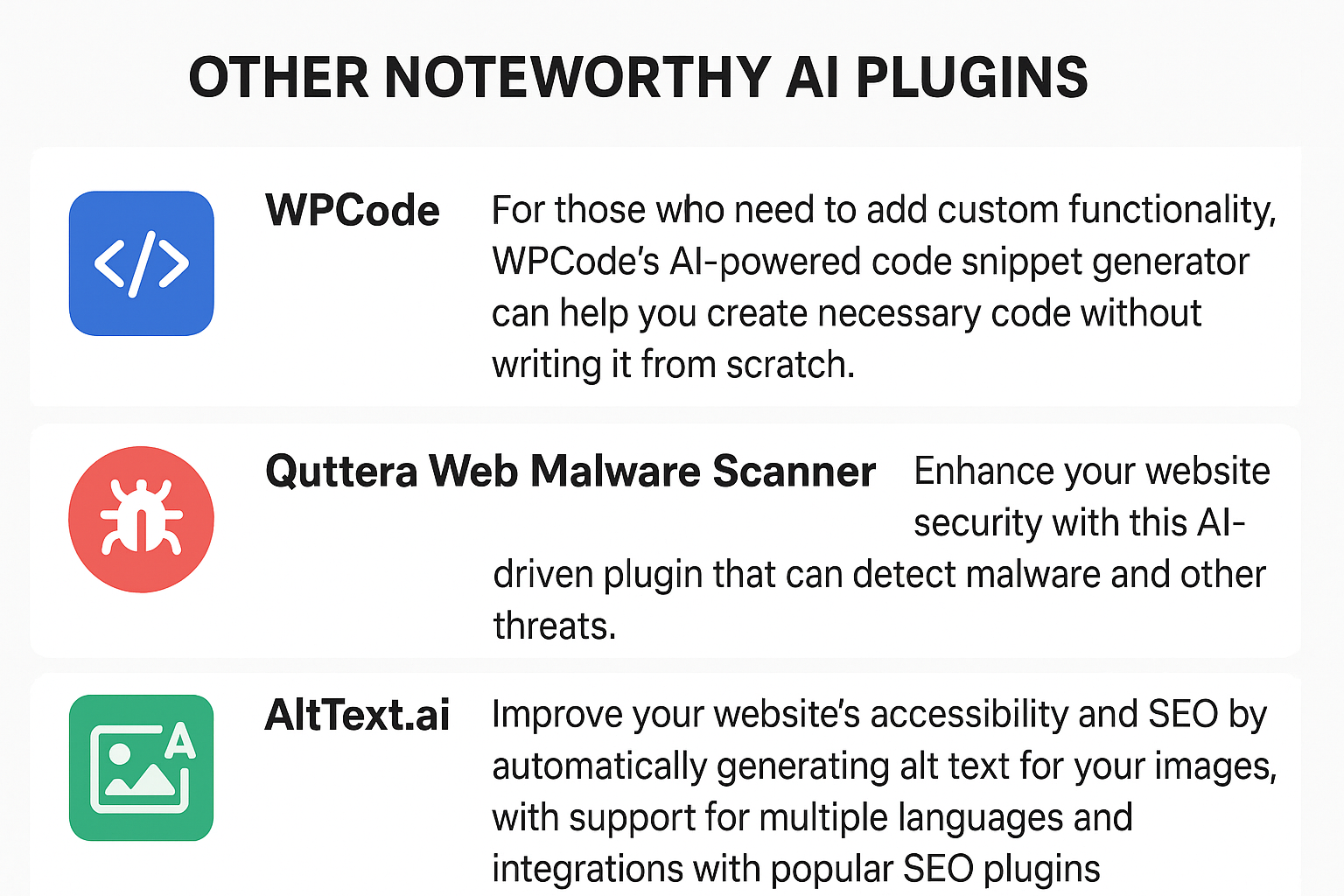 Illustration of top AI WordPress plugins like WPCode, Quttera Malware Scanner, and AltText.ai enhancing site functionality, security, and accessibility